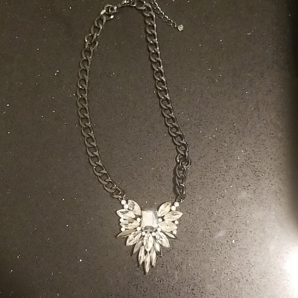 Rhinestone Pewter Chain Necklace